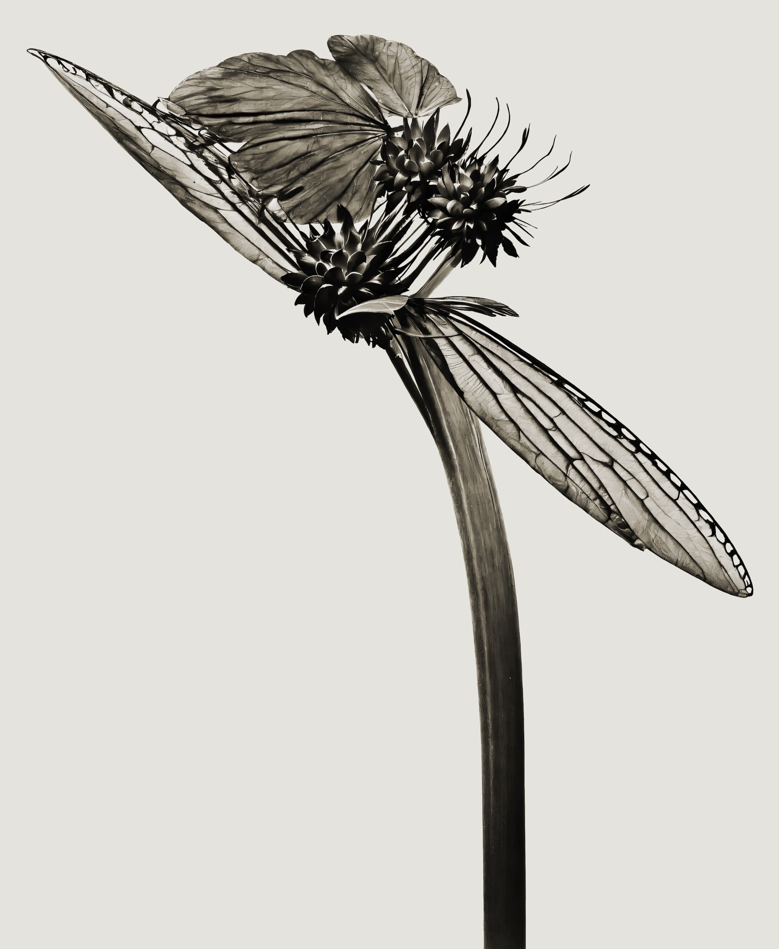 Black-and-white depiction of a stylized plant with butterfly wings and flowers in a minimalist composition.
