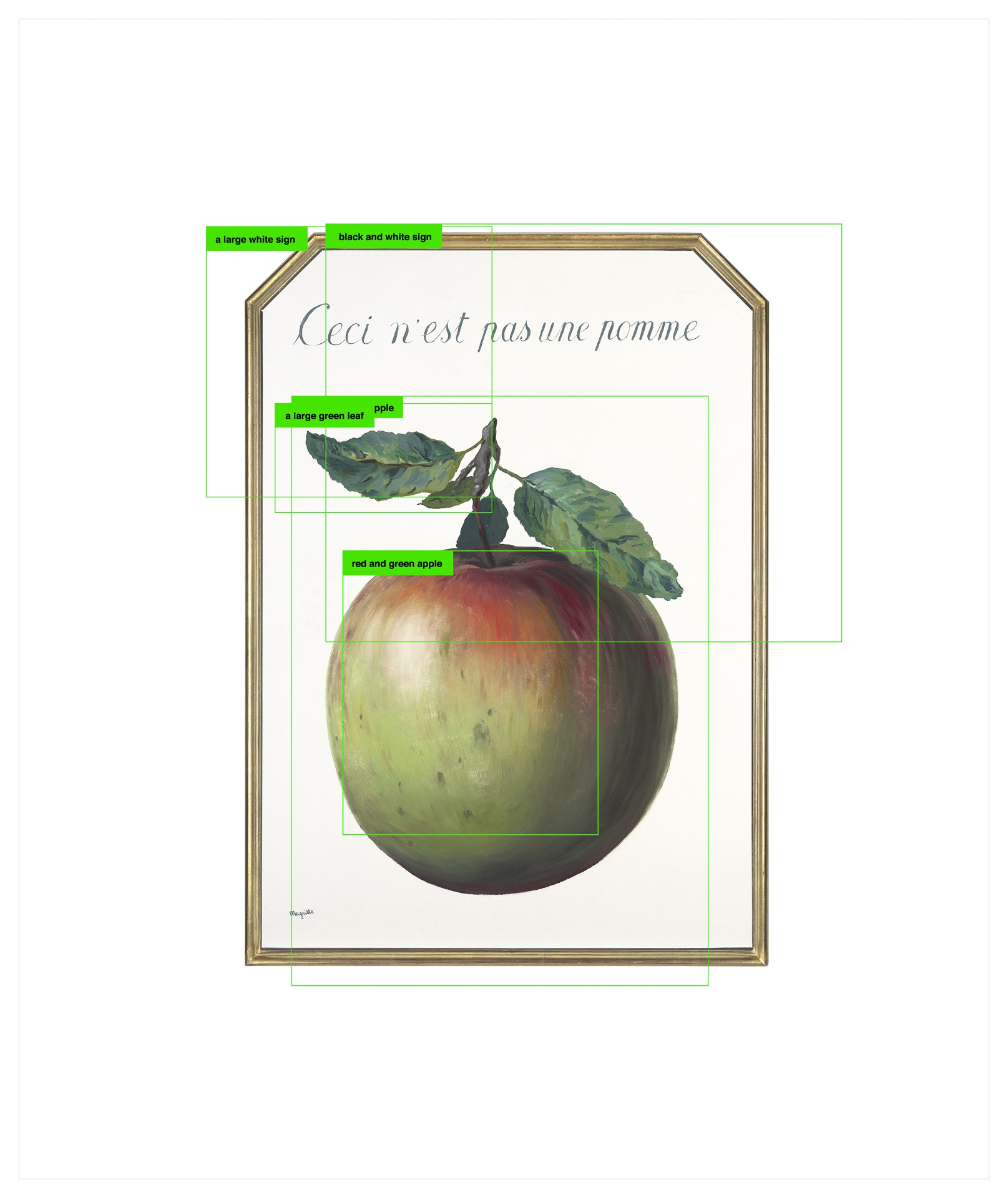 Painting of a red and green apple with a large white sign that says "This is not an apple."