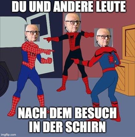 Eine Zeichentrickszene zeigt drei identische Spider-Man-Figuren, die im Kreis stehen und gleichzeitig mit ausgestrecktem Arm aufeinander zeigen. Auf ihre Köpfe wurden die Gesichter desselben Mannes (Thomas Bayrle) montiert. Oben steht in großen Buchstaben „Du und andere Leute“, unten „Nach dem Besuch in der Schirn“.