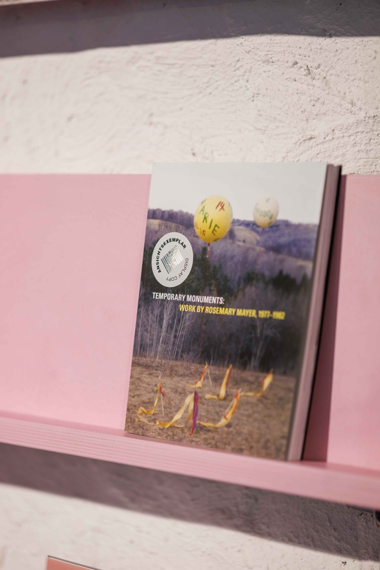 Book cover titled "Temporary Monuments" by Rosemary Mayer, featuring balloons and art installations in a landscape.