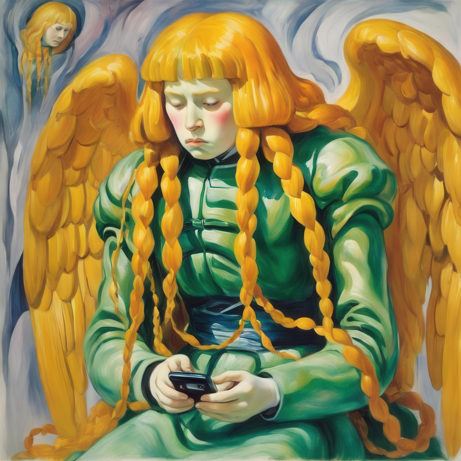 Traurige Figur mit langen, geflochtenen, goldenen Haaren und Engeln im Hintergrund, die ein Handy hält.